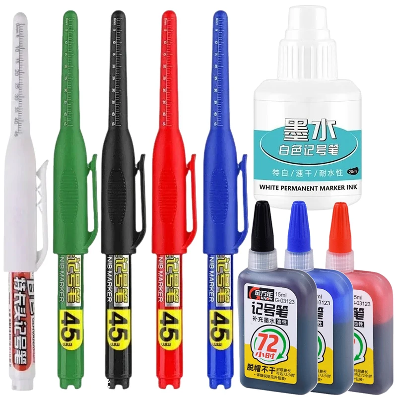 Lote 45mm à prova dwaterproof água cabeça longa nib buraco profundo marcadores caneta telha carpinteiro caneta multiuso para trabalhar madeira tinta preta/branca/vermelha