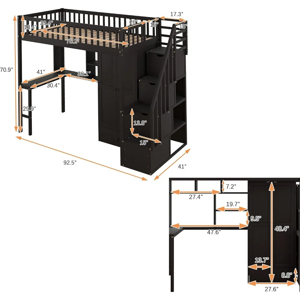 Twin Size Loft Bed with Bookshelf, Wardrobes and Storage Staircase, Multi-Function Solid Wood High Stairway Loft Bed Frame Kids