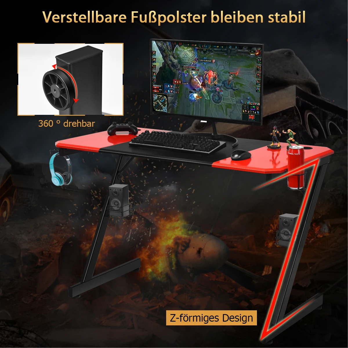 Z-förmige Gaming Tisch, Computertisch, PC Tisch mit Becherhalter, Kopfhörerhaken und Boxenständern, Schreibtisch für Zuhause