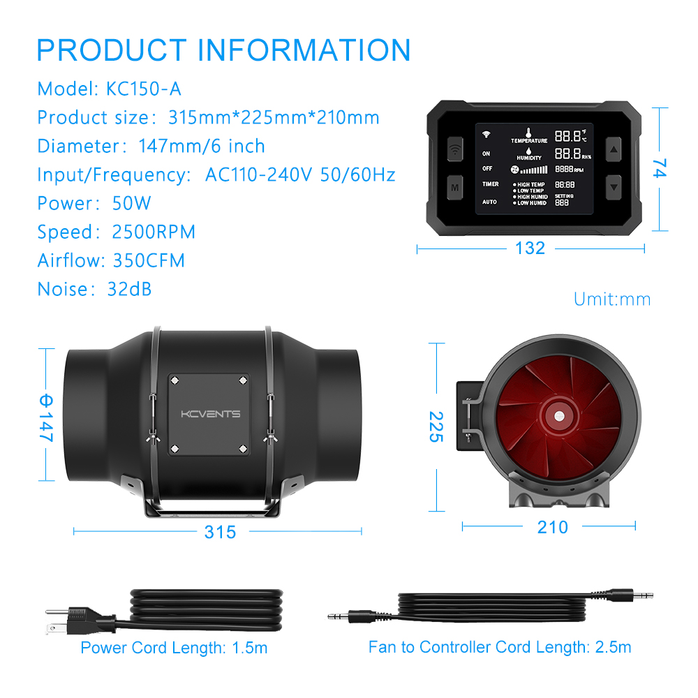 Ventilador de ventilação de duto em linha de 4/6/8 polegadas EC Ventilador de ar fresco com controle de velocidade wi-fi Adequado para estufas e exaustores