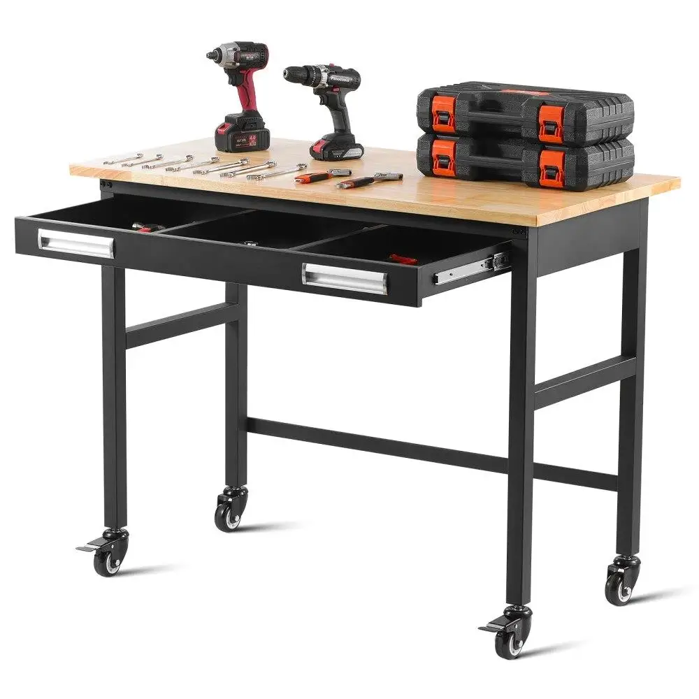 Holzwerkbank auf Rädern, 1219 cm höhenverstellbarer Tisch mit Schubladen-Organizer, 6804 kg Kapazität, tragbarer Arbeitstisch für