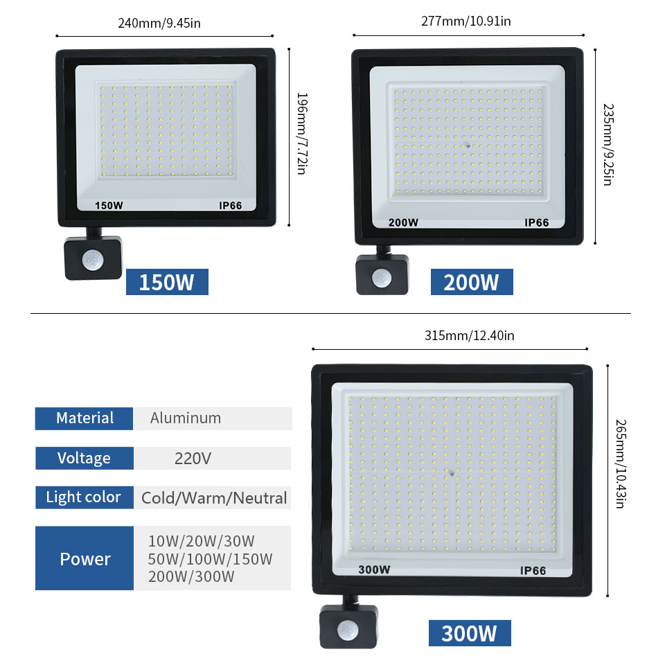 LED Flood Light PIR Motion Sensor 10W 20W 30W 50W 100W 150W 200W 300W AC220V IP66 Wodoodporny reflektor uliczny Reflektor zewnętrzny
