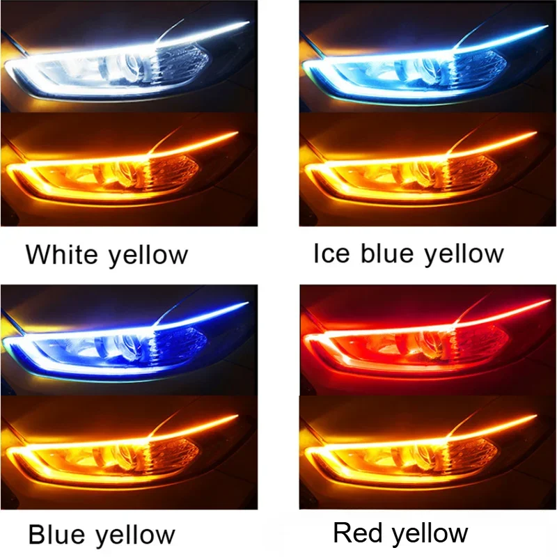 Bande lumineuse LED étanche pour voiture, lumières de sauna automatiques, clignotants RVB, débit de freinage jaune, universel, flexible, DRL, 60cm, 2 pièces