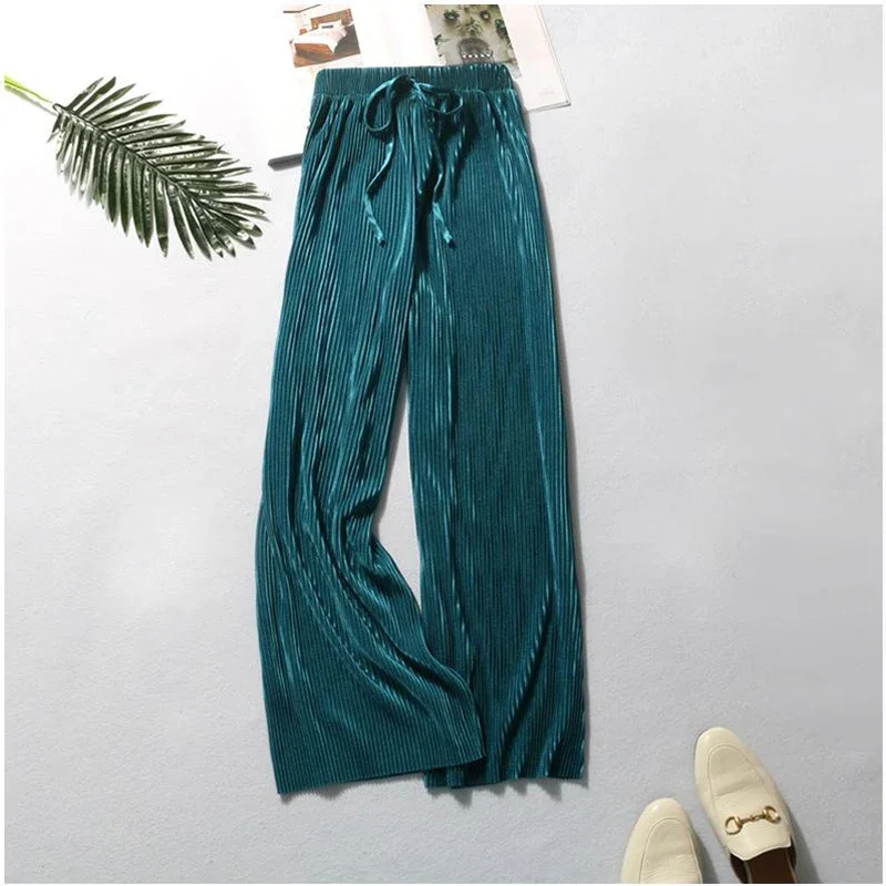 Pantaloni estivi da donna a gamba larga Pantaloni pieghettati in seta di ghiaccio Pantaloni casual larghi in vita elastica