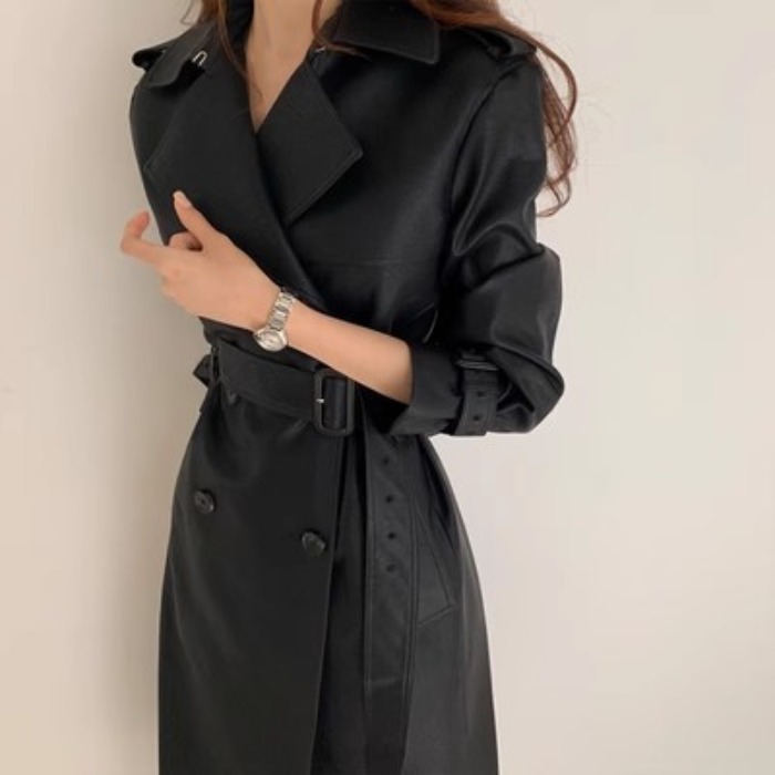 Slish Autumn Winter Vintage Suit Collar Double Row Button Versatile Slimming Medium Length Leather Jacket Women's Coat
