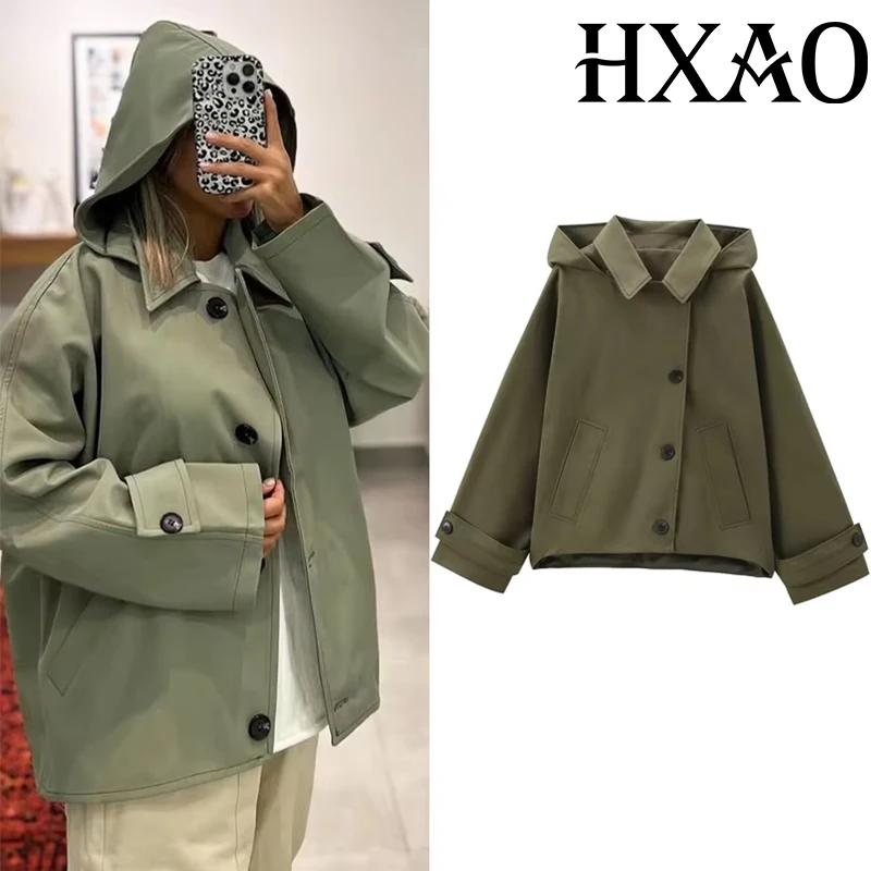 Hxao verde quente inverno com capuz jaquetas femininas 2024 outono ao ar livre oversized jaqueta bomber casacos demi-temporada windbreak outerwears
