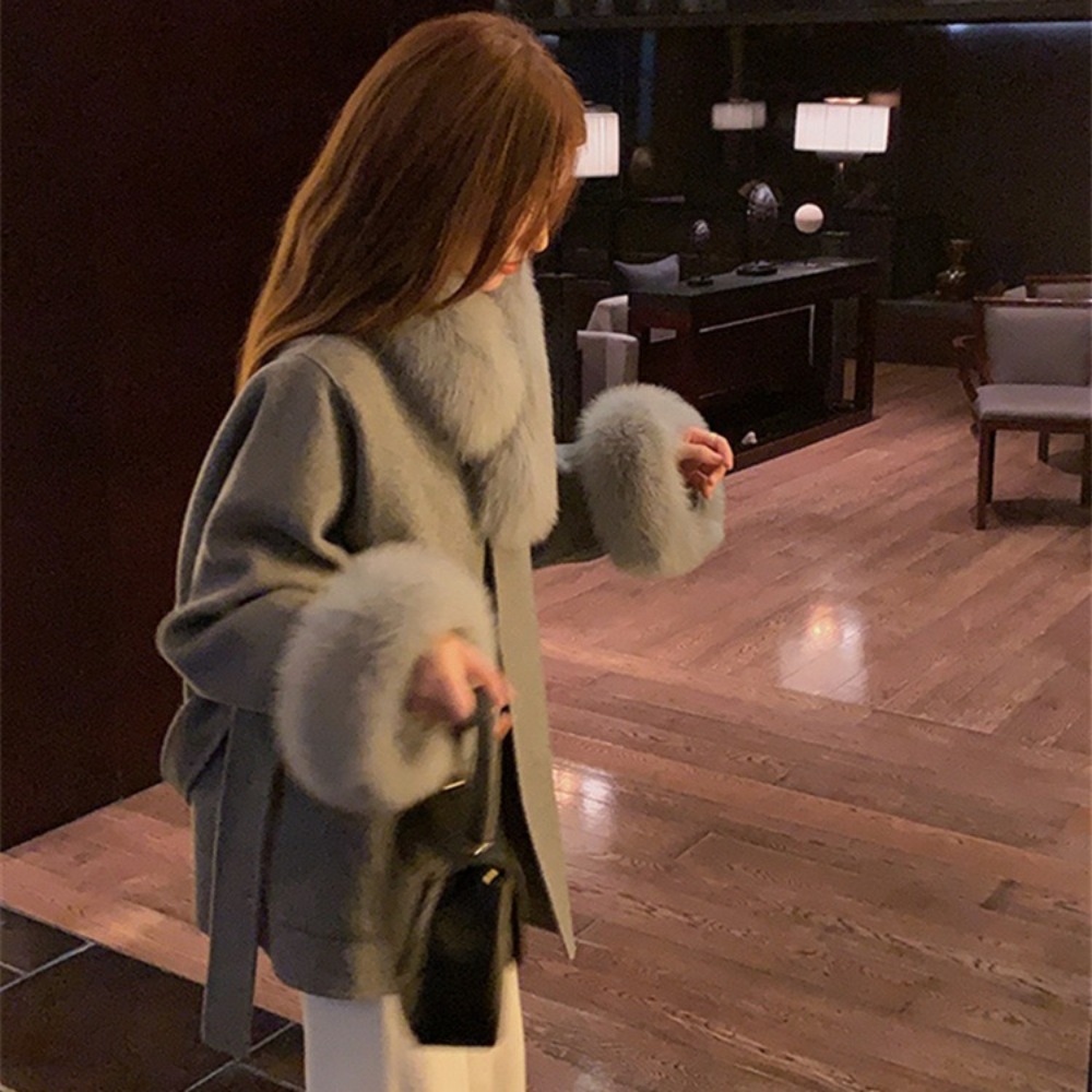 2024 moda coreana casaco de lã com cinto feminino inverno sólido gola de pele de raposa grosso quente longo senhoras rendas até casaco de lã outwear