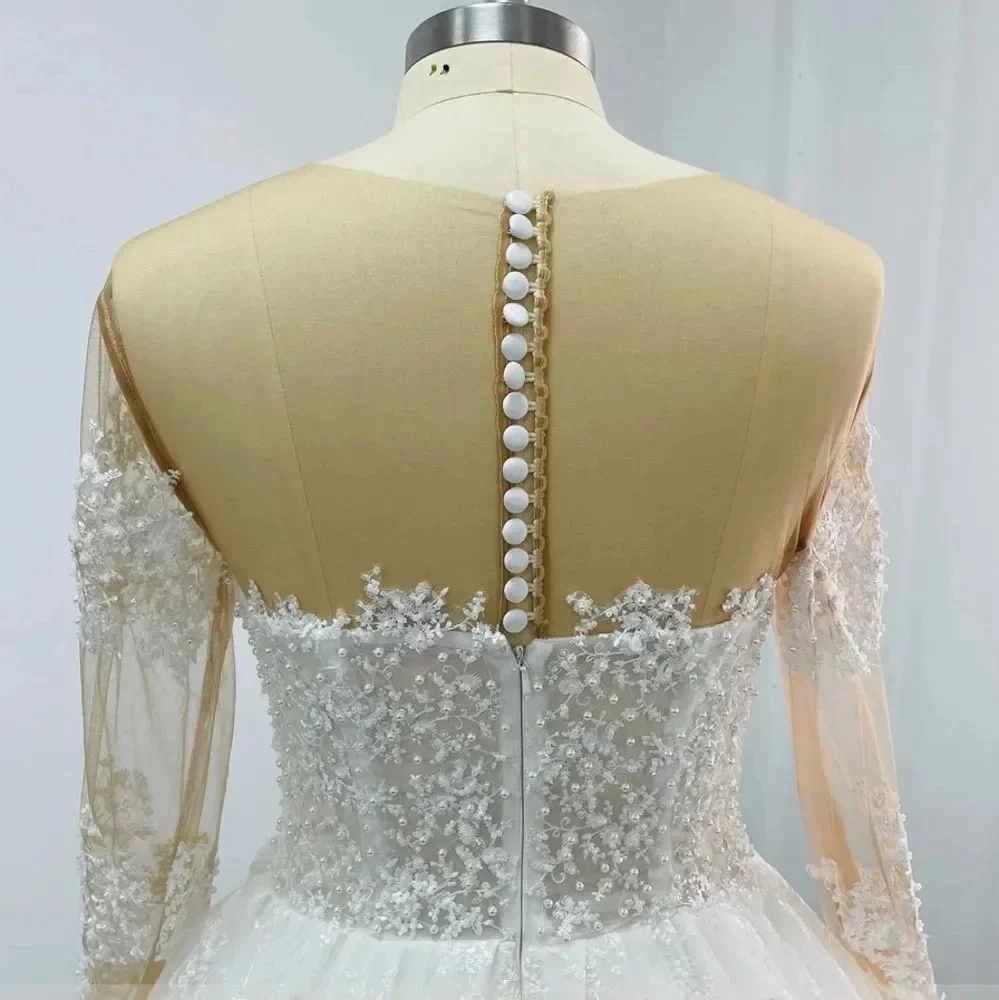 Flavinke Abiti da sposa linea A maniche lunghe con scollo a V in pizzo setoso elegante personalizzato 2025 Abiti da sposa in pelle marrone con perle di perline