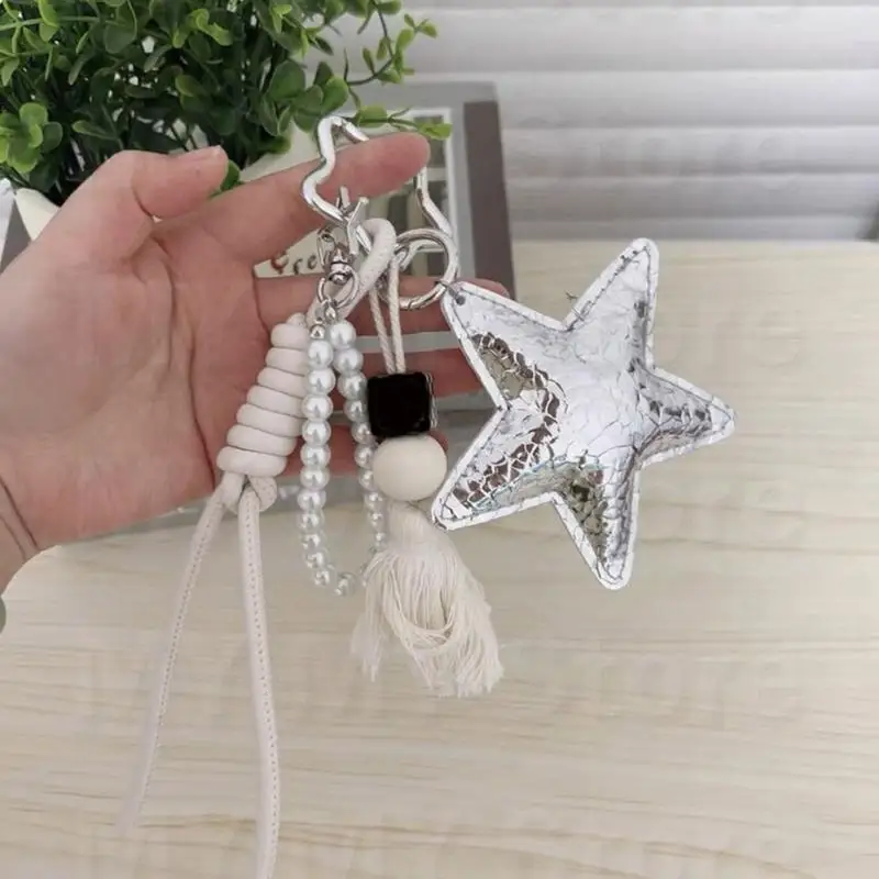 N1He Fashionable Braided Rope Bag Charm dihiasi dengan aksen mutiara dan jumbai bintang logam detail pesona tas tangan lucu