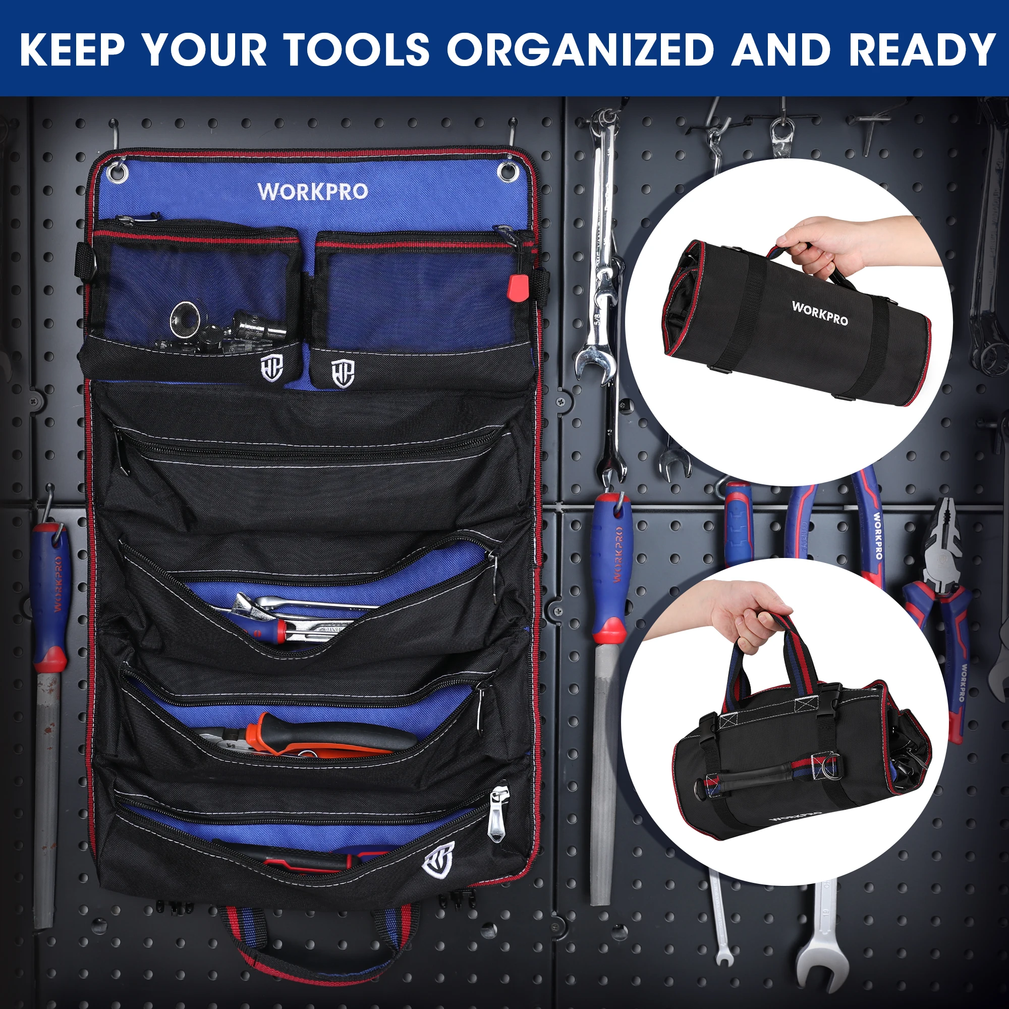 Bolsa de herramientas enrollable WORKPRO con 6 bolsillos, organizador de herramientas multiusos resistente con bolsas de herramientas desmontables para reparación de automóviles