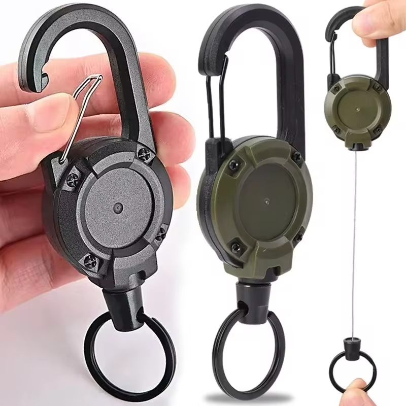 Retractable Heavy Duty Pull Reel Carabiner Strong Steel Wire Rope Buckle Spring Key Ring Outdoor Sporty attachment Keychain Tool