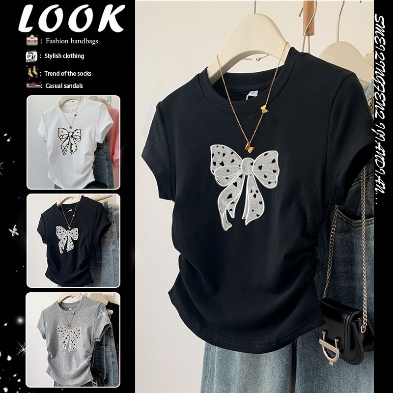 アメリカンスタイル半袖 Tシャツ女性のスリムフィットショルダーデザイン夏の新ファッショントップバタフライノットカジュアルウェア