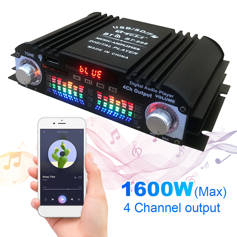 1600W Peak Power Digital 4 Channel Audio Amplifier HiFi Sound Amplifier FM USB Bluetooth-Compatible Mini HIFI Digital Stereo Amp