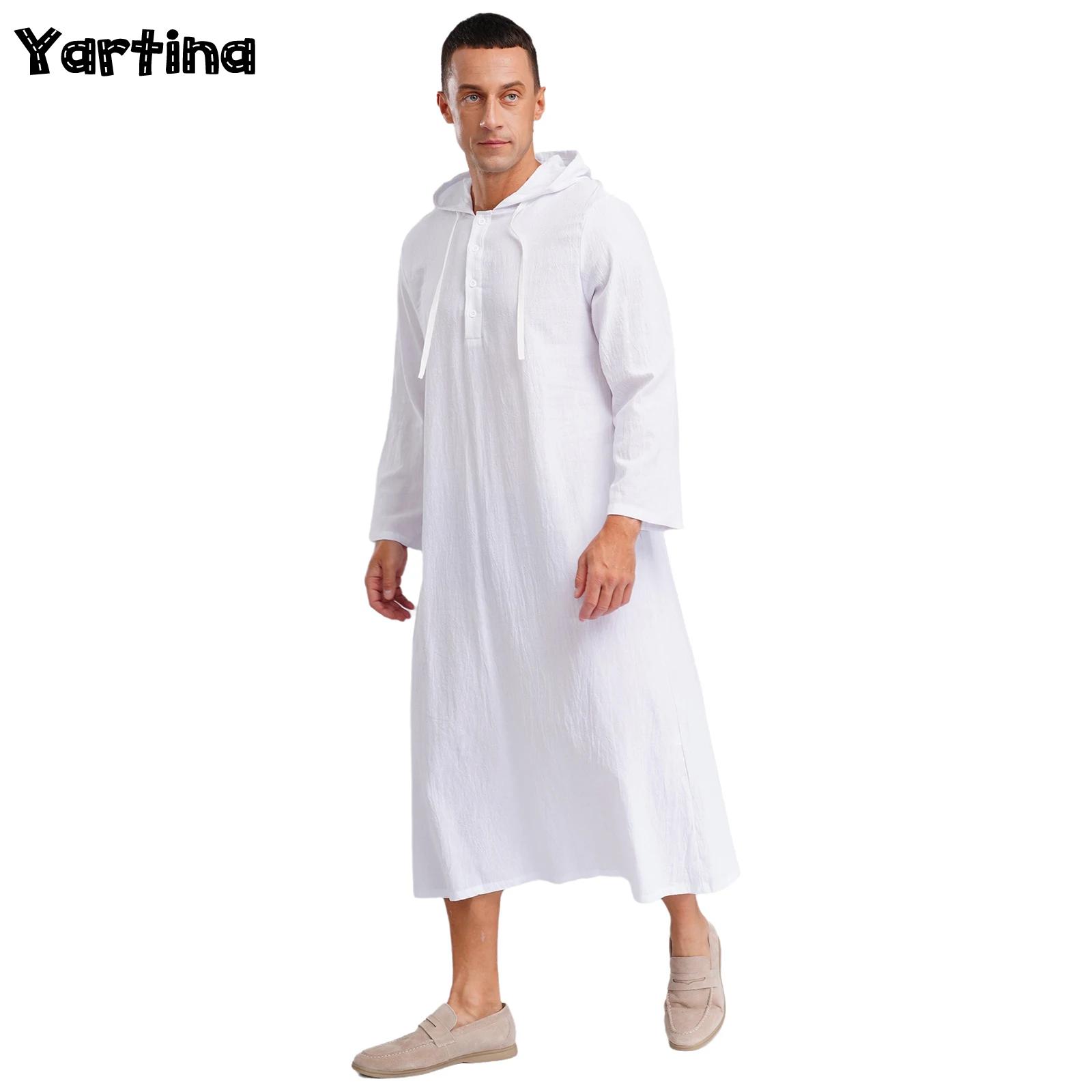 Herren Jubba Thobes Leinen Muslim Robe Kapuze mit Taschen Naher Osten Islam Arabisch Marokkanischer Kaftan Eid Gebet Langes Robe Kleid