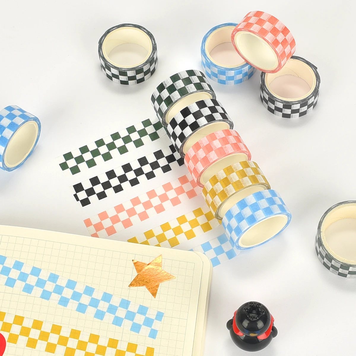 5 rollos de cinta Washi de rejilla de tablero de ajedrez para planificadores de álbumes de recortes, decoración artesanal y manualidades, envoltura de regalos