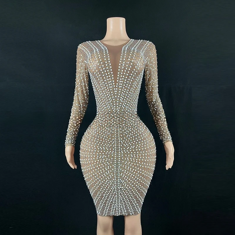 Braunes Mesh-Perlen-Diamant-Halter-Langarm-elegantes V-Ausschnitt-Hochzeits-Abendkleid mit mittlerer Taille für Damen, formelles Kleid für Damen, elegant