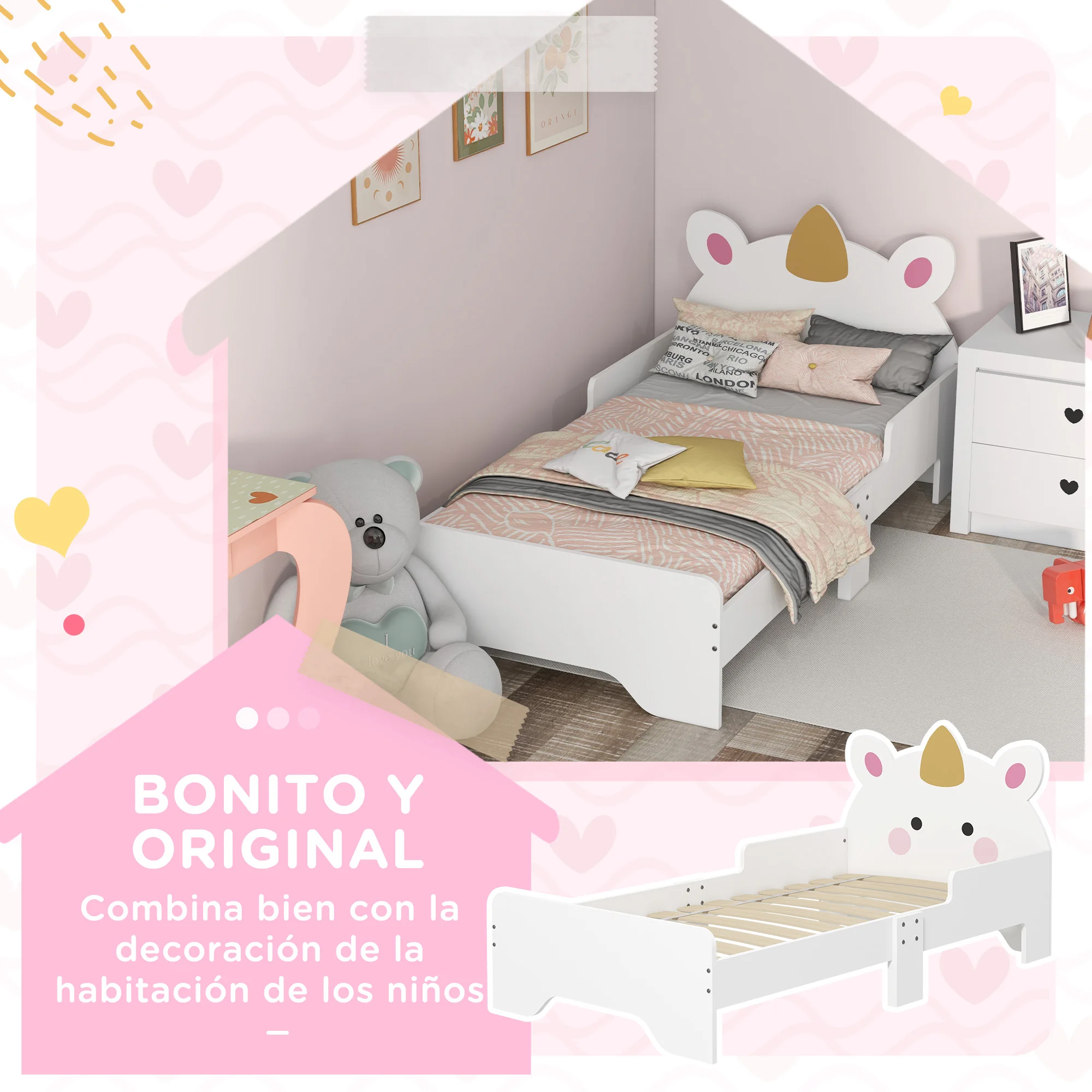 Zonekiz-Bett für Kinder von 3–6 Jahren in Form eines Einhorns, 143 x 74 x 67 cm
