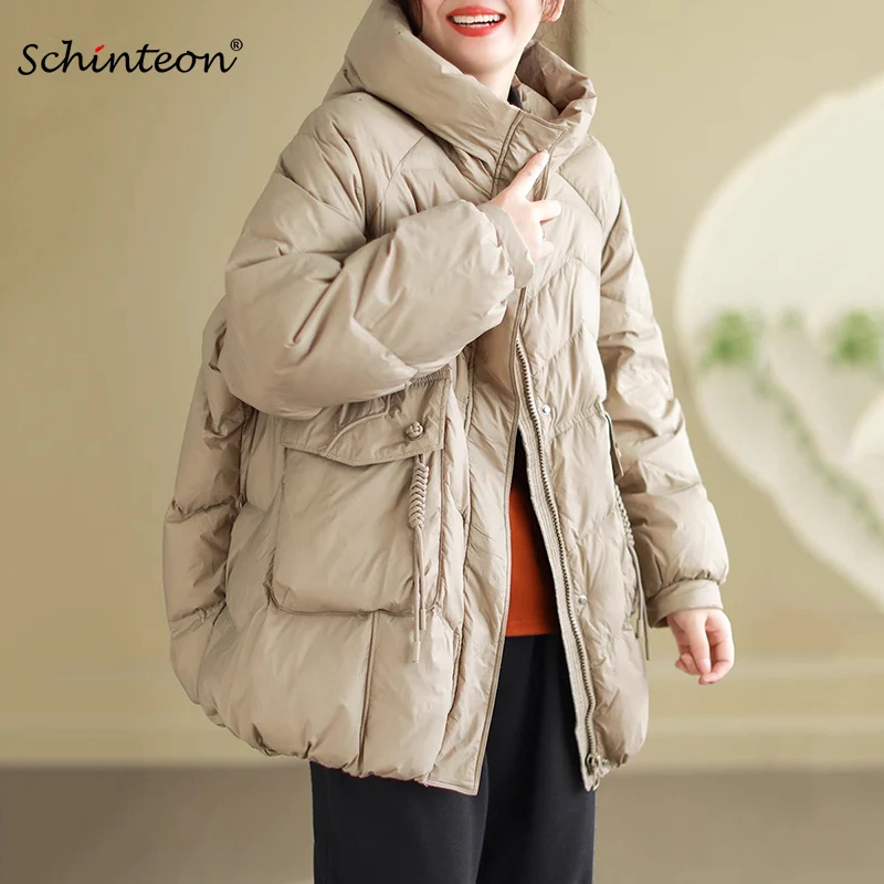 Schinteon Damen-Daunenjacke, lässig, locker, Übergröße, Herbst-Winter, Oberbekleidung, weiße Entendaunen, warmer dicker Mantel mit Kapuze, 2024, Neu