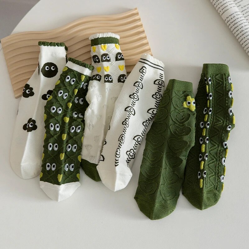 5 paires de chaussettes mi-mollet confortables pour femmes, quatre saisons, yeux amusants verts, dessin animé personnalisé, printemps et été