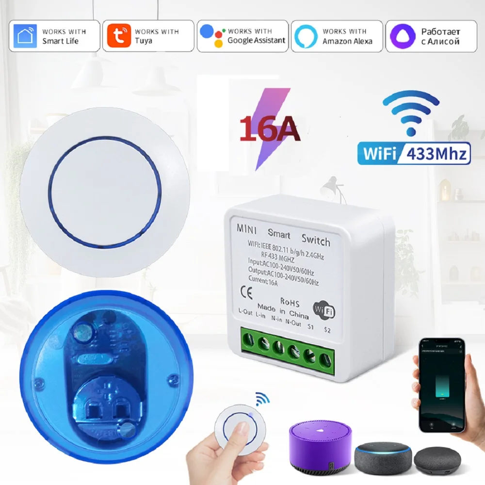 16a tuya wifi interruptor inteligente 16a rf 433mhz receptor de relé sem fio mini interruptor painel redondo controle voz alexa google casa alice