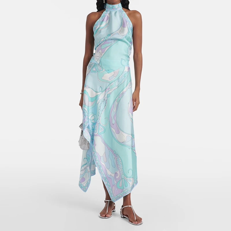 Lässiger Druck, Urlaub, Damen-Outfits, elegante Satin-Strand-Sets, Vintage-Schnürung, rückenfreie Neckholder-Tops und unregelmäßiger halber Rock, 2-teilig