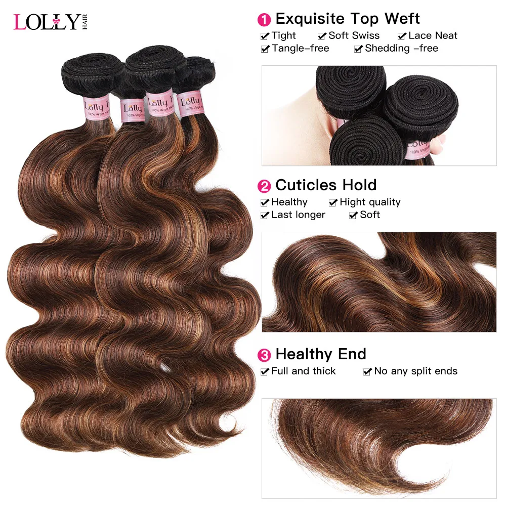 Fb 30 marrom destaque onda do corpo pacotes com fechamento 3 pacotes com 4x4 fechamento do laço brasileiro remy extensões de cabelo colorido