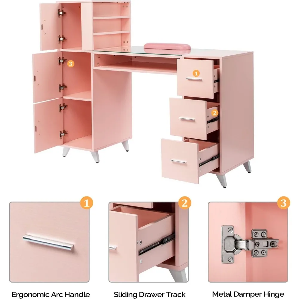 Manicure Table Nail Desk, Glass Top & Wrist Rest, 3 Side Cabinet+3 Drawers+3 Layers Open Cabinet+1 Open Drawer, Salon Nail Desk