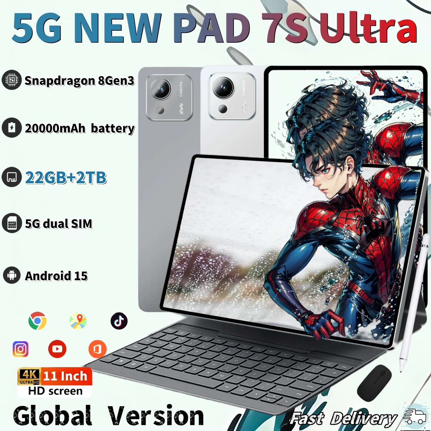 2025 Originele Global Versie PAD 7S Ultra Snapdragon8 Gen3 Android 15 Tablet 11 Inch 22 GB + 2048 GB 20000 mAh 5G Dual SIM Tafels PC