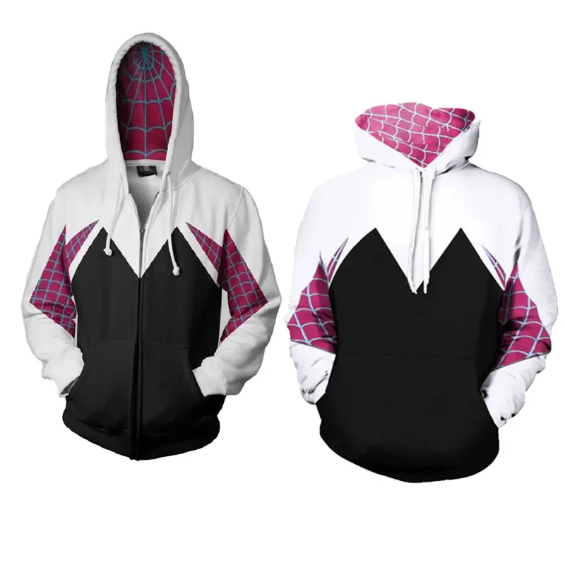 Fantasia de aranha gwen stacy para mulheres e homens, estilo de impressão 3d, jaqueta com zíper, adulto, halloween, cosplay, pulôver, moletom com capuz