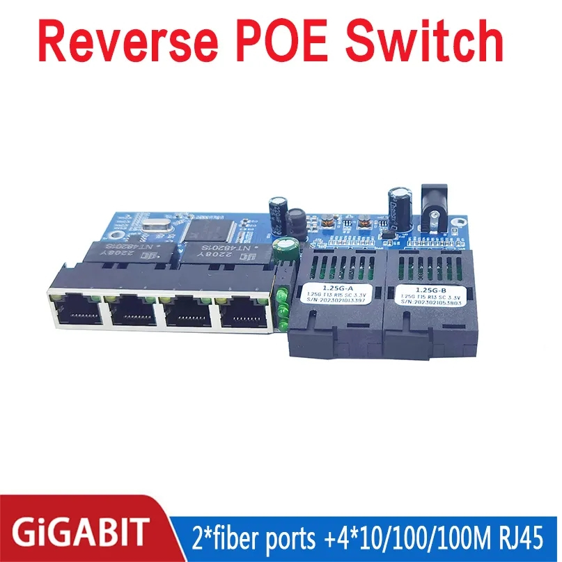 Reverse POE switch 4RJ45 2 fiber 2F4GE Gigabit Ethernet switch media converter Fiber Optical UTP Port 10/100/1000M PCBA