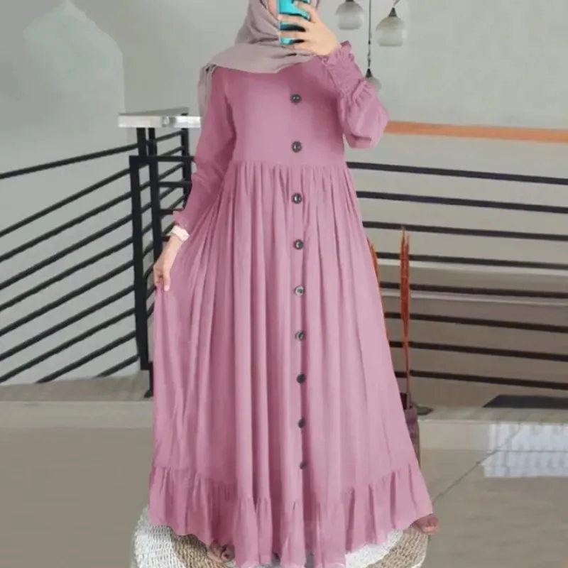 2024 新イスラムアバヤドレス綿と麻アートレトロカジュアルローブファム Muselmane ルーズラウンドネックフリル女性のドレス