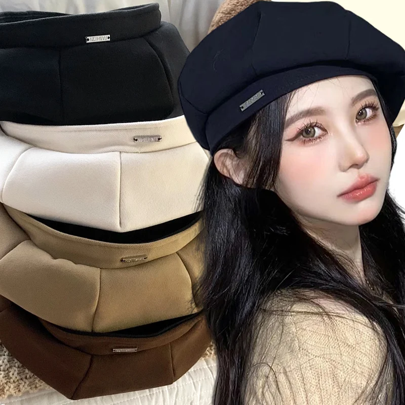 Boina negra clásica coreana de tacto Premium para primavera y otoño, gorro de pintor versátil de moda INS de Color sólido fino, gorras simples para mujer