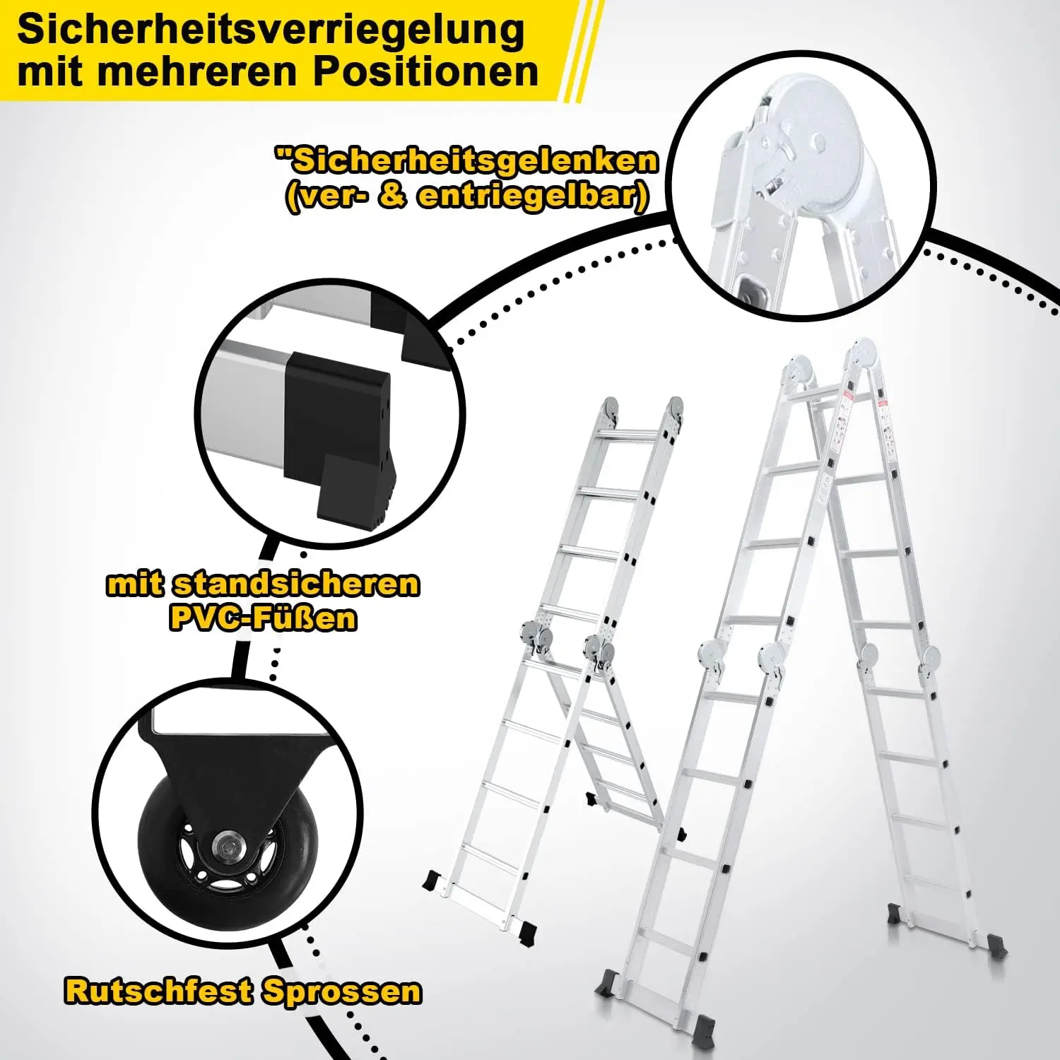Scala multifunzionale 4x4, 7 in 1, alluminio da 470 cm, con 2 piattaforme, ruote, carico massimo 150 kg, per uso domestico.