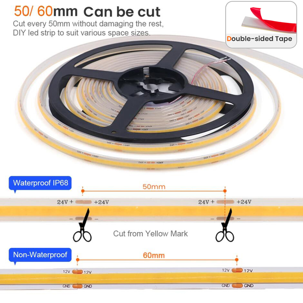 12V 24V IP68 Waterproof COB LED Strip Light 5m 10m 15m 20m 0.5m Flexible Tape IP30 320 LEDs High Density Bright Liner Lighting