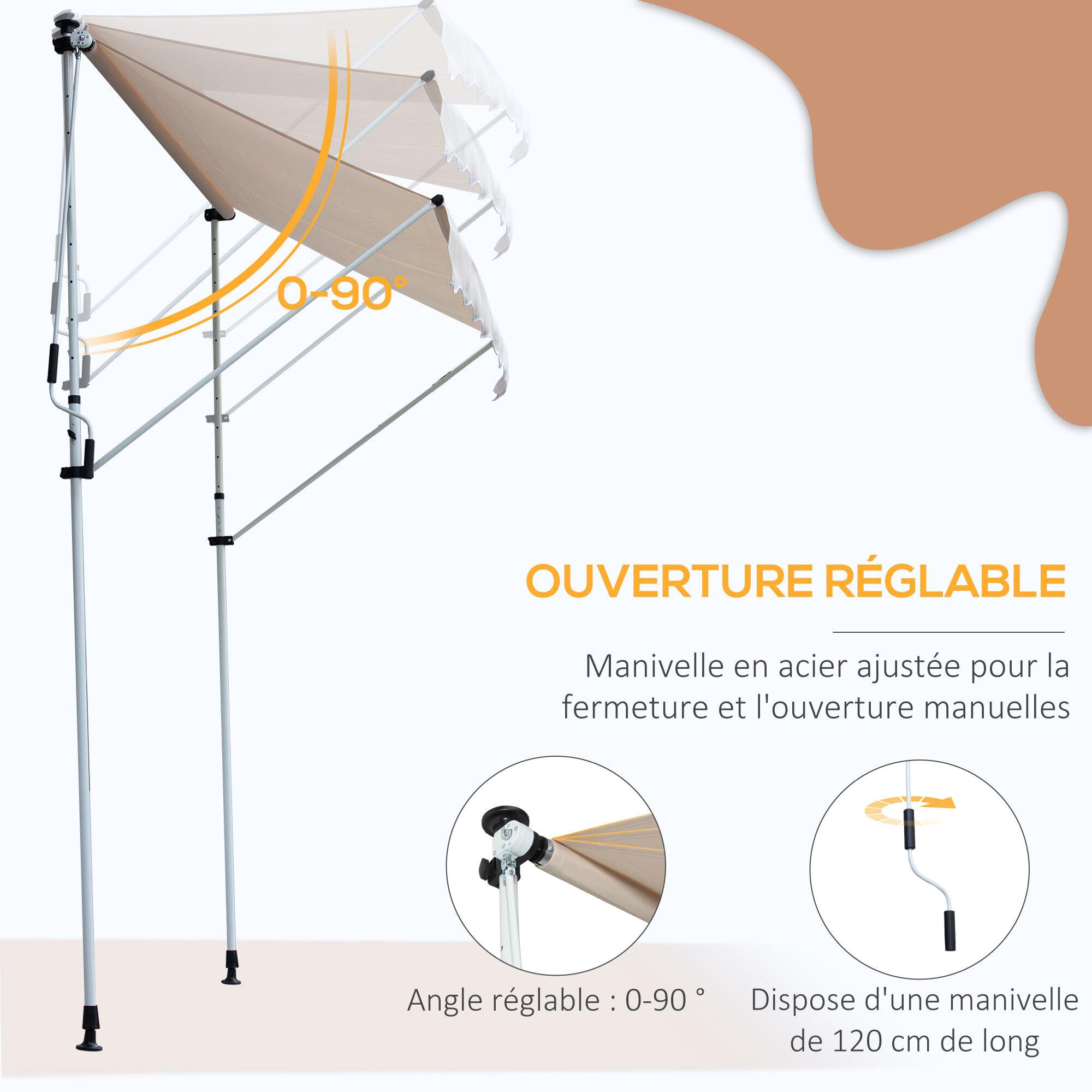 Auvent rétractable 2L x 1,5W x 1,7-2,8H mètre inclinaison réglable sans perceuse Installation métal aluminium polyester Beige