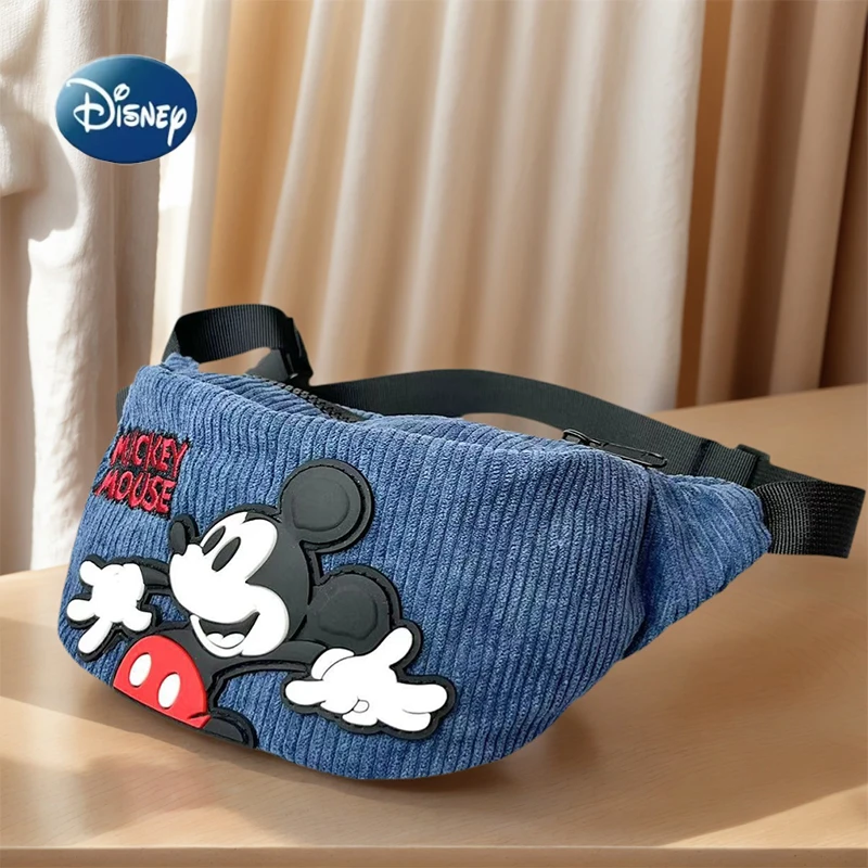 Torba na klatkę piersiową z sztruksu, haftowana 3D Myszka Miki, dziecięca torba crossbody, modna niebieska torba biodrowa.