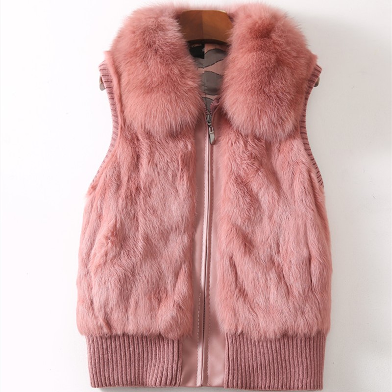 Feminino genuíno real pele de coelho gola de pele de raposa tricô colete de inverno jaqueta de pele casual curto outwear fino com zíper