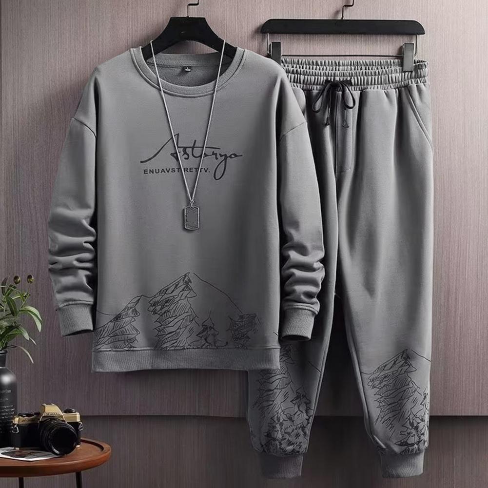 Taschen Jogginganzug Herren Mountain Print Lässiges Trainingsanzug-Set mit O-Ausschnitt Sweatshirt Joggerhose für Herbst Winter Herren