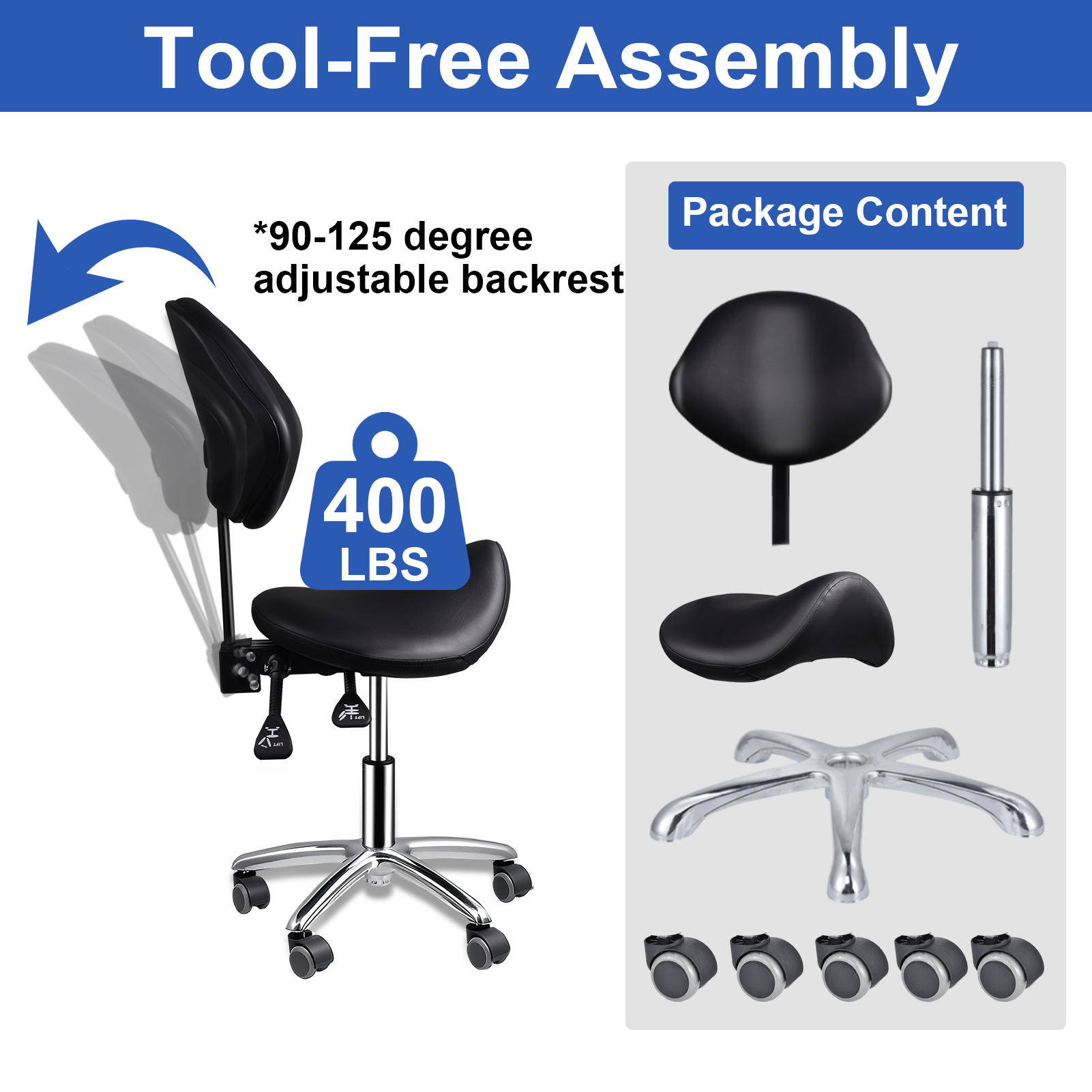 Ergonomic Rolling Saddle Chair Height Adjustable with Wheels and Backrest, Professional Salon Chair for Hair Stylist and Spa