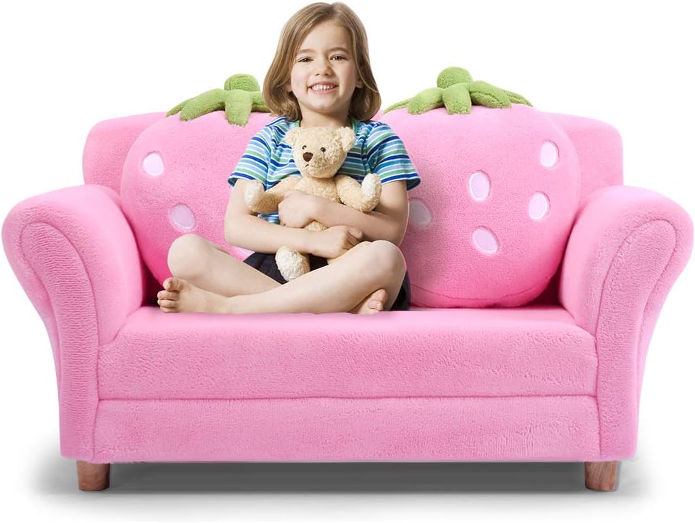 Toddler Couch with Strawberry Pillows, Kids Upholstered Loveseat, Coral Fleece, Wood Frame, Pink