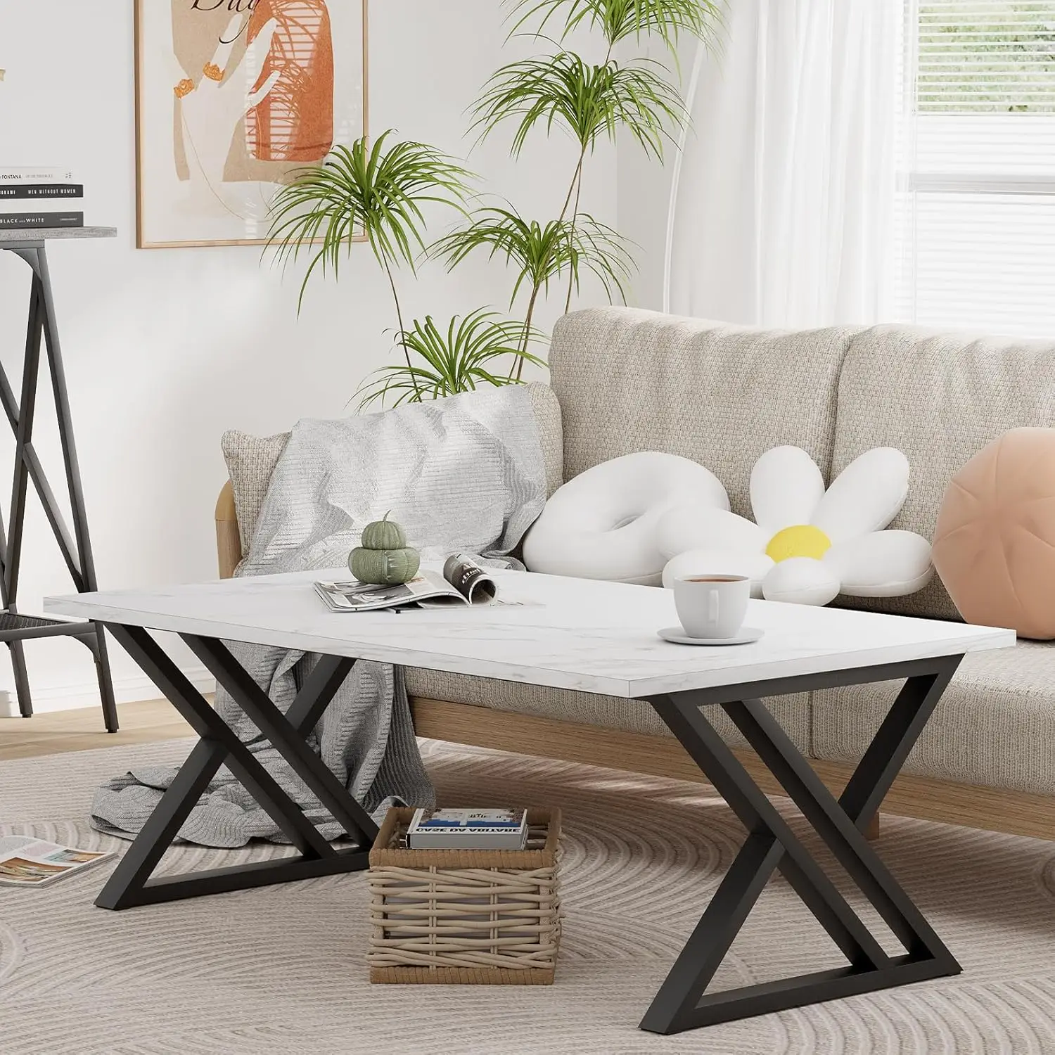 Living Room Table, Center Tea Table, Rectangular Tea Table, End Side Table with Black Metal Frame for Living Room Bedroom Office