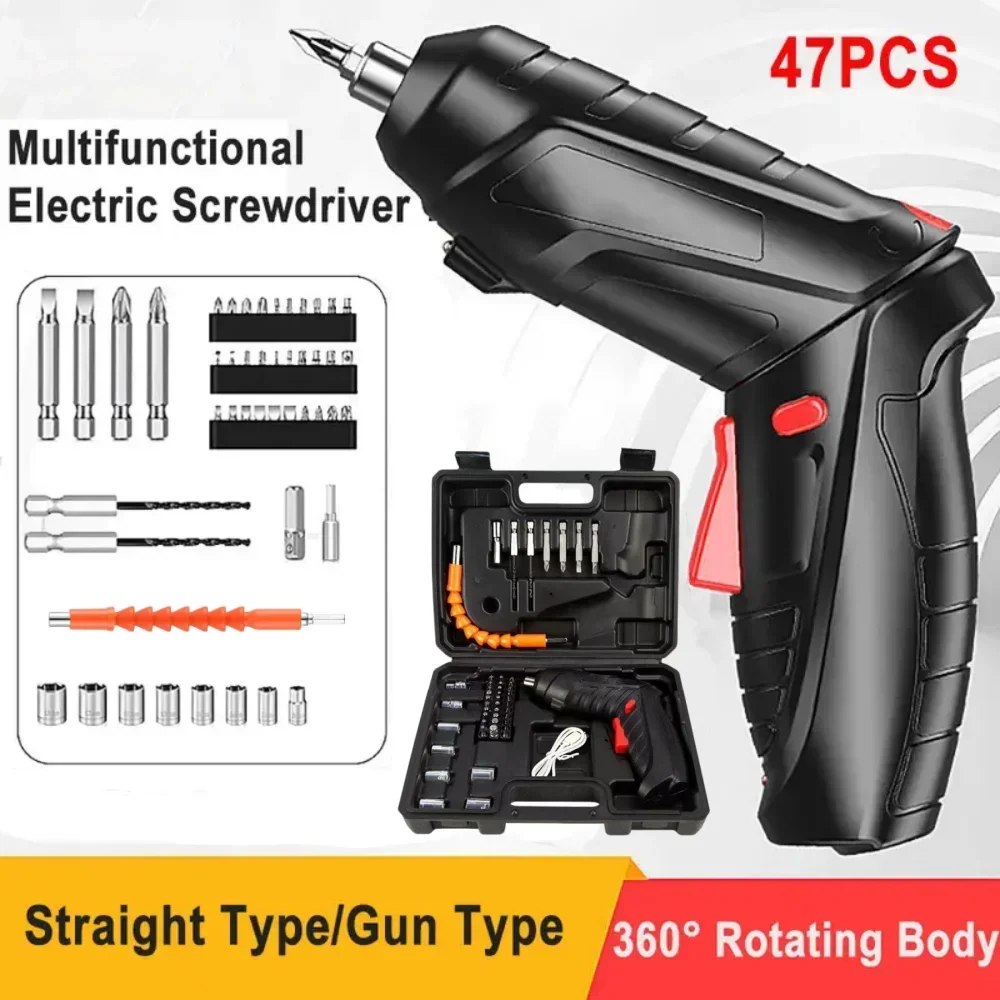 47 stücke Elektrische Schraubendreher Cordless Elektrische Kit Haushalt Kleine Elektrische Bohrer Fahrer Front LED Licht Einfach Für Kleine Hause Werkzeuge