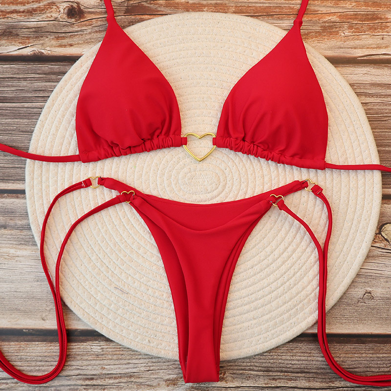 Damen Sexy brasilianisches Bikini-Set, Neckholder, Dreieck-Oberteil, Tanga-Unterteil, zweiteiliger Badeanzug, Herz-Badeanzug, Sommer-Strand-Badebekleidung