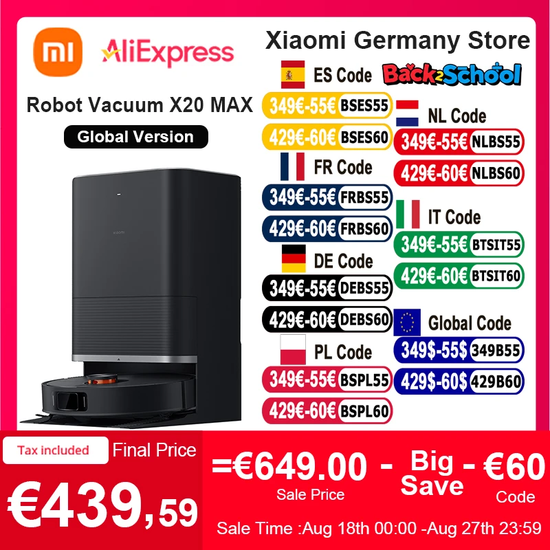 Global Version Xiaomi Robot Vacuum X20 Max Voice Control Automatic Dust Collection Whole House Scan Hair Liquid Cleaning