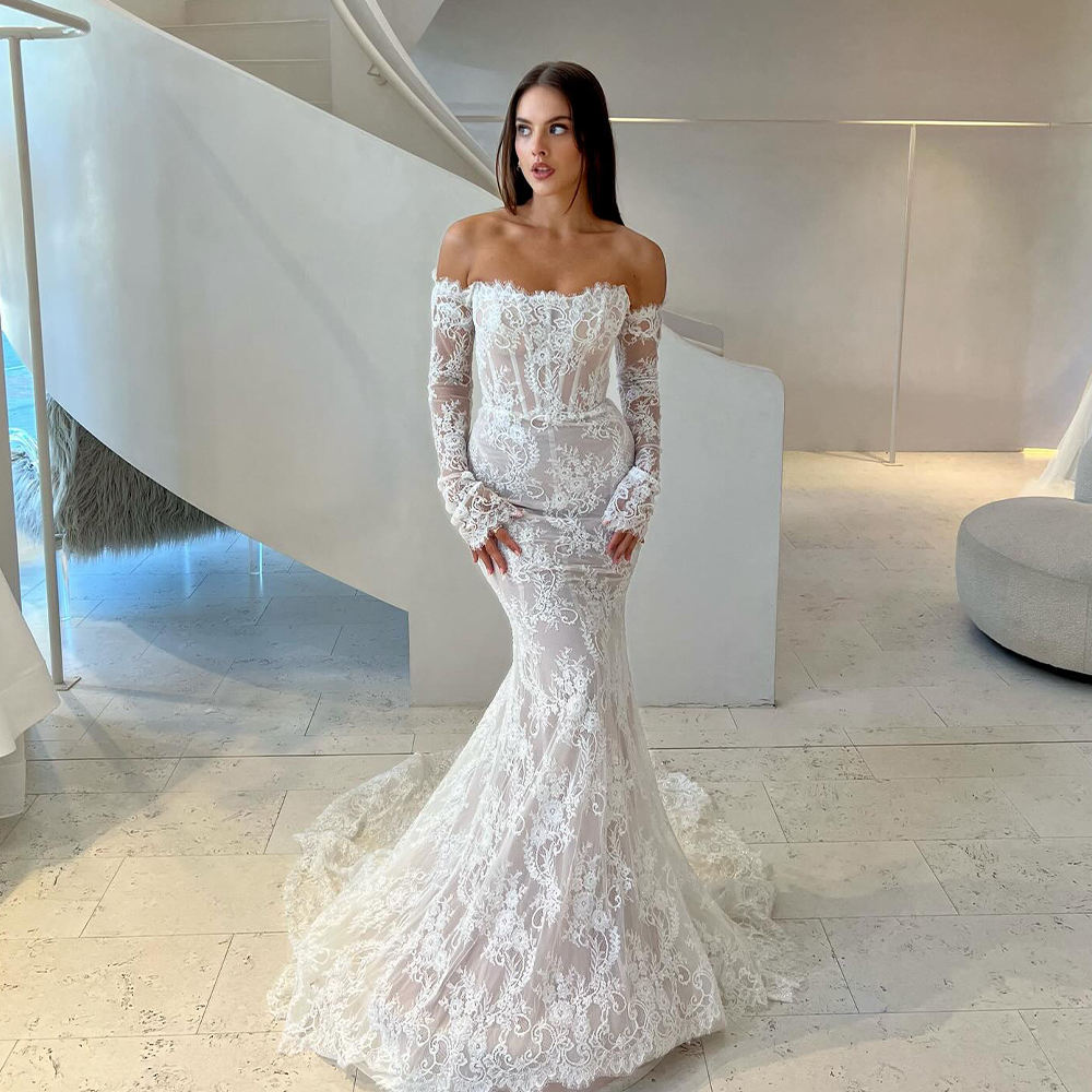 Sexy ver a través de la espalda mangas largas apliques De encaje sirena vestidos De novia tren De barrido Vestido De Novial hecho a medida