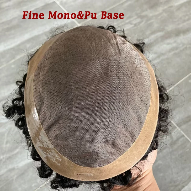 ผู้ชายวิกผมผมมนุษย์ Super ทนทาน MONO 20MM CURLY Toupee ผู้ชาย Capillary Prosthesis ผมหน่วยเปลี่ยนระบบชิ้นสําหรับชาย