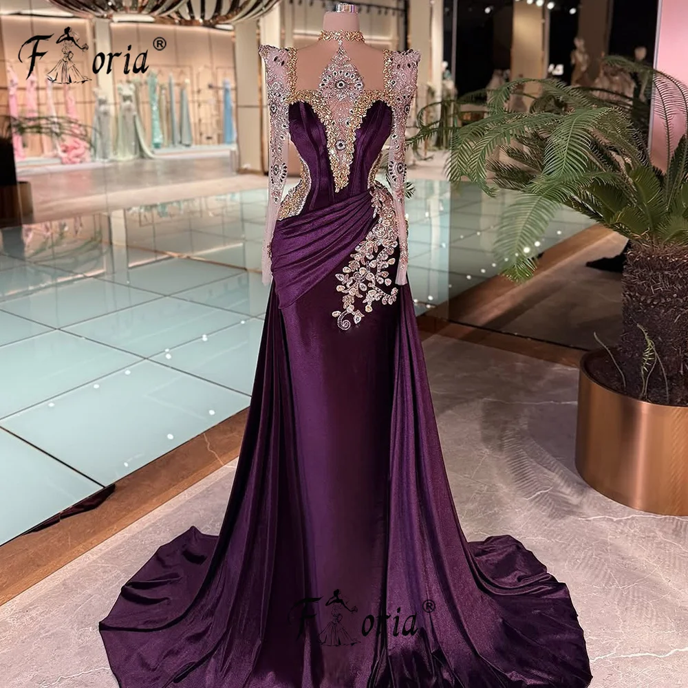 Elegante frisado veludo sereia vestido de noite com trem varredura cristal mangas compridas vestidos de ocasião formal vestido de casamento personalizado