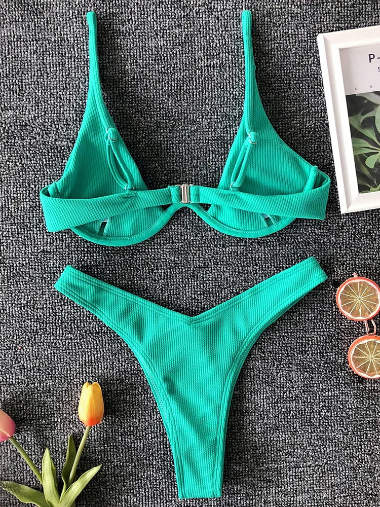 Sexy Neon-Bikini mit V-Steg und Bügel, 2025, weiblich, gerippter Badeanzug, Damen-Tanga-Bademode, zweiteiliges Bikini-Set, Push-up-Badeanzug