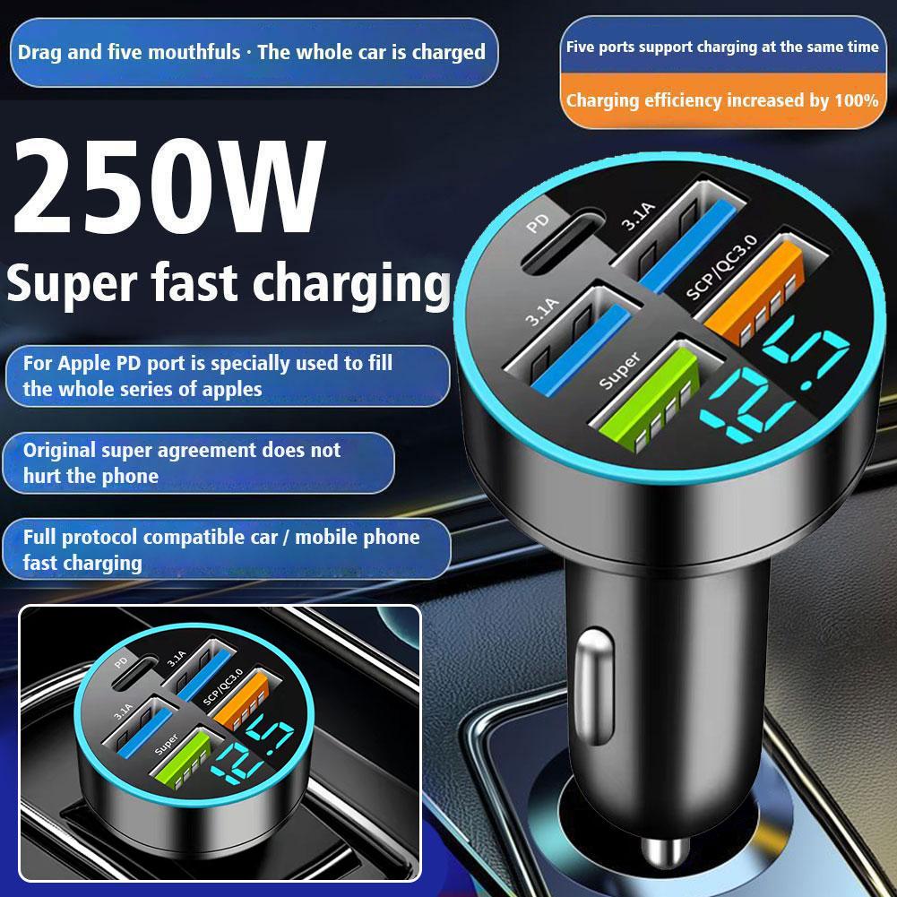 250W Car Charger 5 Ports LED Digital Display USB PD Type C Fast Charging Car Phone Charger Adapter For IPhone 15
