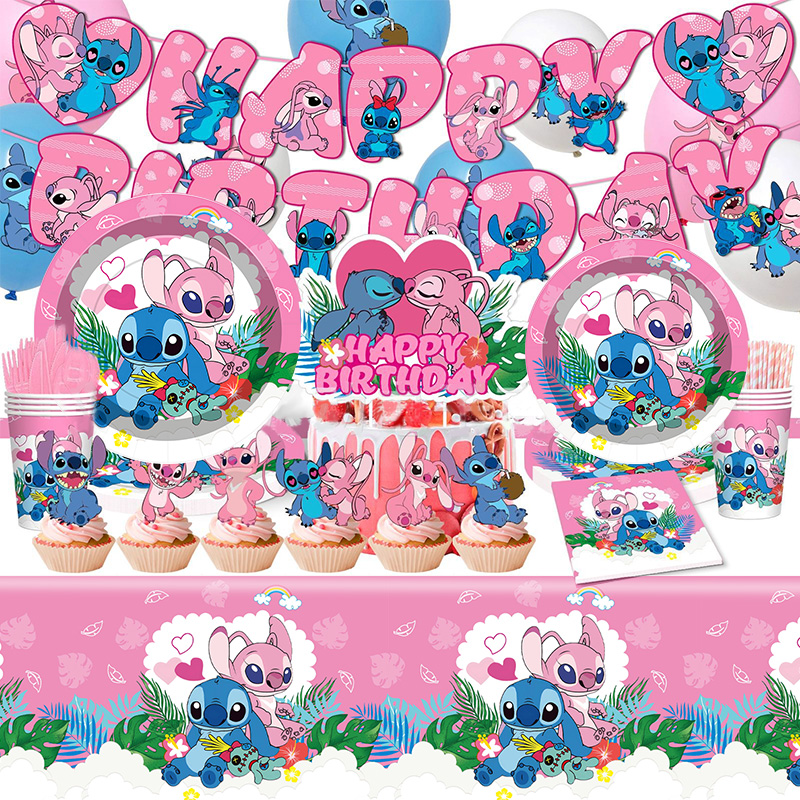 Decoración de cumpleaños de Lilo y Stitch, juego de vajilla temática de fiesta de punto rosa de Disney, globos de Ángel, suministros felices, recuerdos para niñas